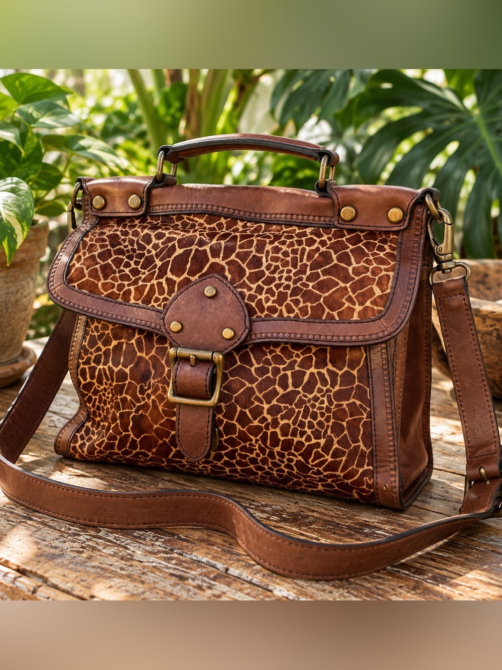FOSSIL vintage revival reissue brown leather calfhair giraffe satchel bag purse - Picture 3 of 16